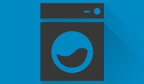 Piktogramm einer Waschmaschine oder eines Trockners auf dunkelblauen Hintergrund. 