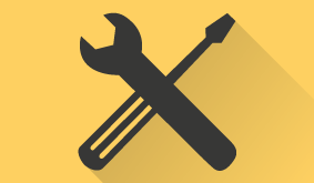Piktogramm zwei sich kreuzender Werkzeuge (Schraubendreher und Schraubenschlüssel), auf einem gelben Hintergrund.
